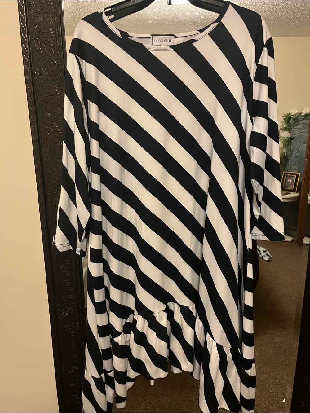 Women's Black and White Striped Ruffle-Hem Tunic by Nuggles